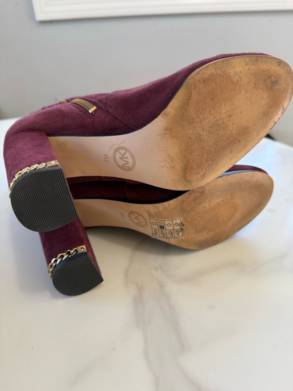 Michael Kors Burgundy Suede Ankle Boots with Gold Zipper - Picture 6 of 7